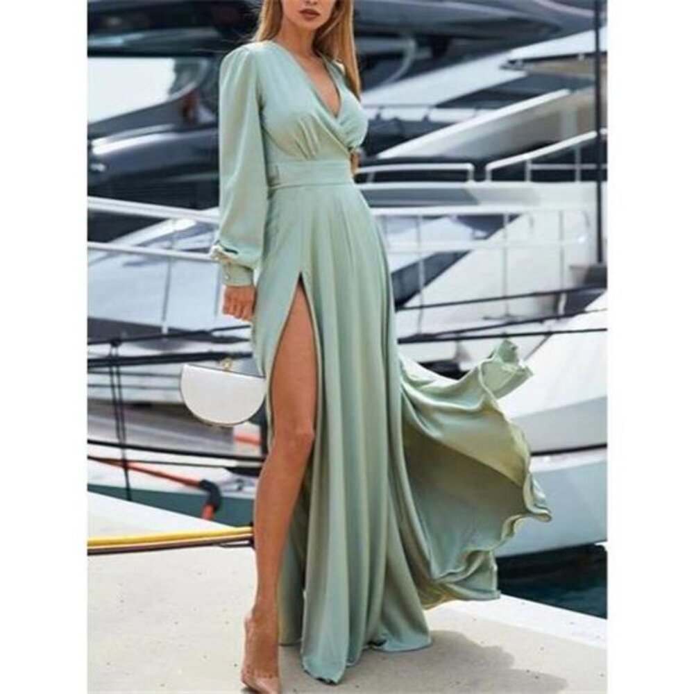 Plus Size Surplice Long Sleeve Slit Maxi Dress